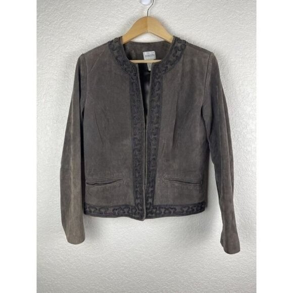 Chico's Suede Leather Jacket Womens Size 1 US 8 Meduim Brown Piping Fall Capsule - Picture 1 of 9